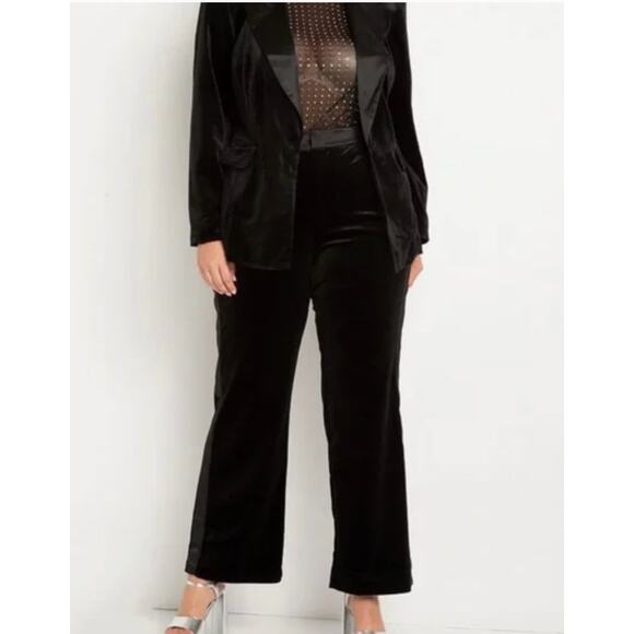 Eloquii Womens Black Velvet Satin 2 Pc Suit Blazer 16 Tuxedo Pants 18 - Picture 2 of 16
